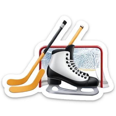 An icon showing a hockey stick, puck, skates, and goalposts on the ice. The background features a large hockey stadium with cheering fans, bright lights, and a snowy landscape visible through the arena. Transparent background highlights the main hockey equipment and atmosphere. sticker
