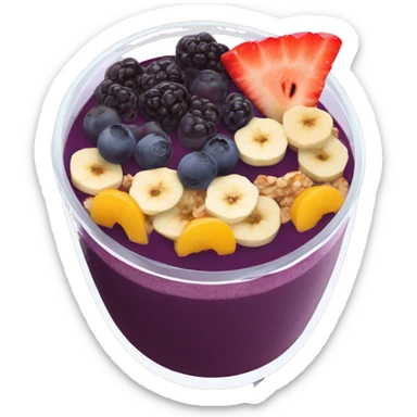 Açaí in a clear cup with layers of fruits and granola and condensed milk sticker