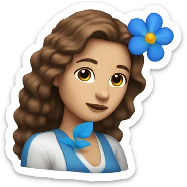 Long brown haired woman with a blue flower on hair sticker