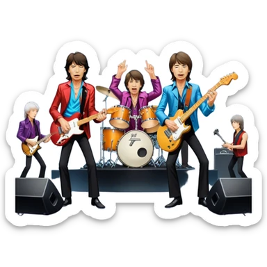 Icon for Rock Music: The Rolling Stones live on stage with Mick Jagger performing vocals, Keith Richards playing guitar, and Charlie Watts on drums. Iconic stage lights, electric guitars, and energetic crowd. Transparent background. sticker