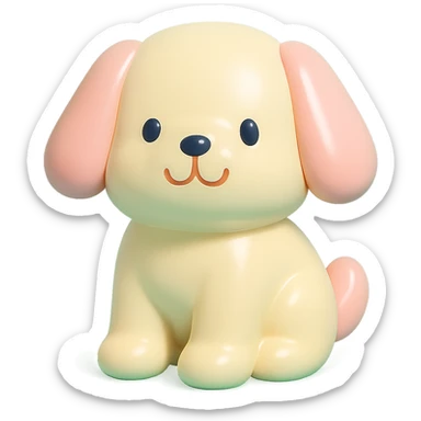               Transform {subject} into a soft vinyl figure with a smooth, glossy surface. The material should look slightly rubbery and tactile, with minimalistic curves and a matte-gloss hybrid finish. Use pastel or soft solid colors. The surface is seamless, with no visible textures or roughness. Studio lighting, vibrant background, clean, playful, designer toy aesthetic and no shadows. {subject} = dog, make sure the mouth has nice outlines sticker