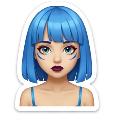 medium skine tone girl with bright blue hair and bangs with eyeliner, and dark lip liner  sticker