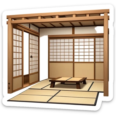 traditional Japanese house with wooden structure, sliding shoji doors, and tatami mat flooring sticker