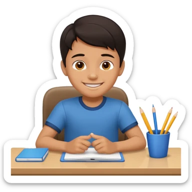 Little nice boy straight a student dark hair tan skin sitting in desk with a big smile sticker