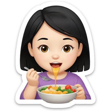 eating food well baby with happy face black hair girl sticker