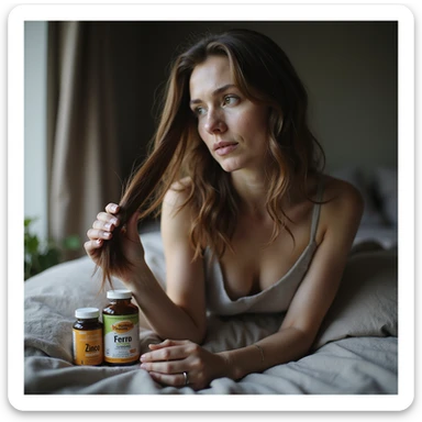 hyperrealistic 4K detailed image of a woman with PCOS, hair falling and holding a lock of hair, fragile and broken nails, pale skin, next to her bottles of supplements labeled 'Zinco', 'Ferro', 'Biotina', domestic environment sticker