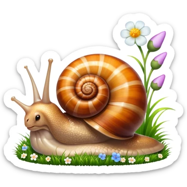 Close-up of large home snails inside a terrarium, showcasing their soft, spiral shells and glistening bodies, with a gentle light highlighting their details. With stones and grass and flowers. Transparent background. sticker