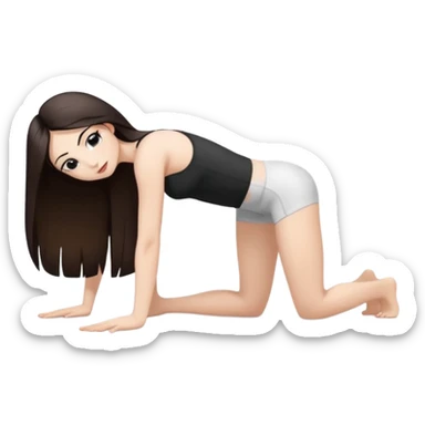 Девушка белокожая в позе собака мордой вниз, с длинными темными волосами, в коротком белом топе, в черных лосинах, с черными ресницами sticker