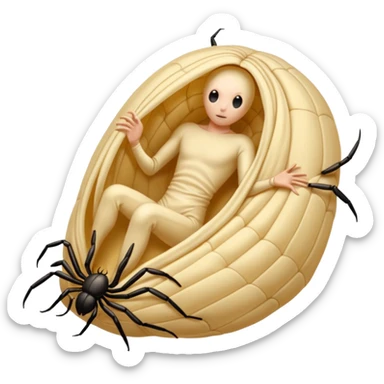 A full body image of a a human-shaped cocoon wrapped in spider silk.
The rounded, segmented wrapping and the faint lines across the surface resemble the way spiders encase prey (or unlucky characters) in silk this is meant to be a web-wrapped human body sticker