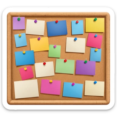 board with pinned photos and notes sticker