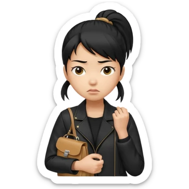 A girl with a pony tail black hair and Asian tan skin, Asian eyes, with a black jacket and a black purse, with an annoyed and confused expression on her face  sticker