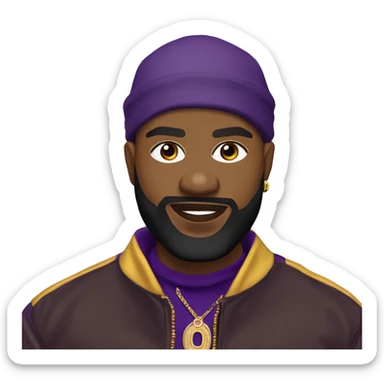 Omega psi phi man wearing a purple and gold letter man jacket a black durag in his head brown skinned black full beard close shave and attractive diamond nose ring on nose  sticker