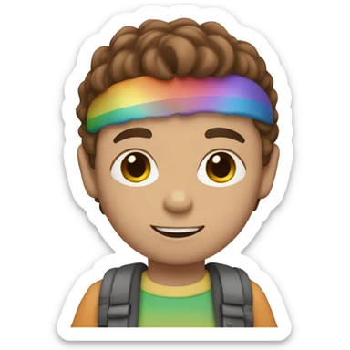 a boy with brown hair holding a heart with rainbow colors sticker