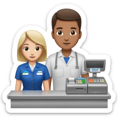 Supermarket employee at a cash register, full body, serving a man sticker