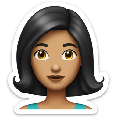Tanned woman with long black hair wearing 1960s style outfit and hair sticker