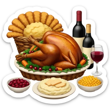 Thanksgiving Dinner with 10 people of different skin color around the table; have the food be a cooked turkey, mashed potatoes, corn, a basket of biscuits, a small bowl of cranberry sauce, baked yams, steamed vegetables, and a bottle of wine. sticker