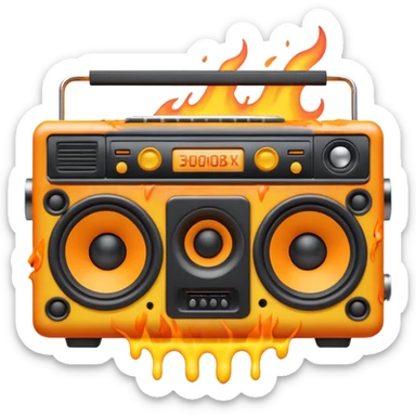 A cute 3D emoji of a retro boombox speaker with a funny shocked face, melting into orange and yellow flames, vibrant "fire" colors, high-end 3D render, white background. (This is a recreation of the fire emoji) sticker