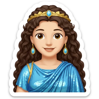 Minerva, Goddess of Wisdom from Roman Deities with long dark brown wavy hair, light blue sequin toga sticker