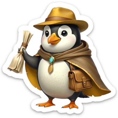 A explorer penguin inspired by Indiana Jones, wearing a weathered yellow enchanted hat and a flowing cape. It carries a leather satchel with ancient scrolls. Cartoon-style, smooth shading, highly detailed, no background sticker