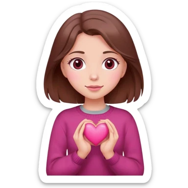 A girl with brown hair smiles, gray eyes, wearing a burgundy sweater, holding a pink heart in her hands sticker