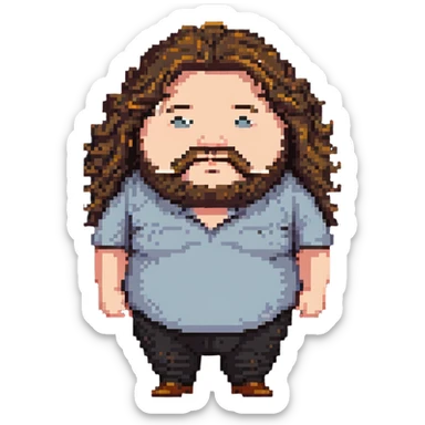 chubby man with brown wavy long hair and a big nose sticker