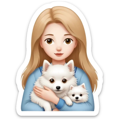 long light brown hair girl with pale skin holding a white Japanese spitz dog in her arms sticker