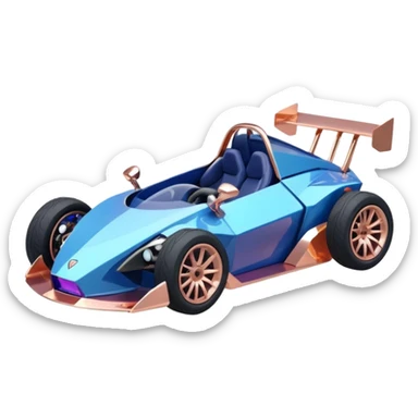 dark crystal blueberry and rosegold-accented cyber faceted-body electric drift-racing car driven by a small cute relaxed chameleon with rear spoiler, roll bar, and wheely bar sticker