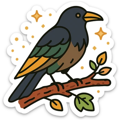 A mysterious crow perched on a branch, surrounded by a soft, magical atmosphere. The crow’s feathers are deep, dark hues with hints of golden orange (FA9B41), forest green (4A7C5C), muted taupe brown (96775A), and pastel peach (FFCC9A) subtly blending into its plumage. The branch is weathered and textured, with small leaves in green and peach tones, and delicate flowers or tiny sparks floating around. The lighting is soft and ambient, casting a warm, mystical glow over the scene, creating a quiet yet enchanting atmosphere. The crow’s sharp eyes and poised posture add to the mysterious, slightly gothic vibe of the moment. sticker