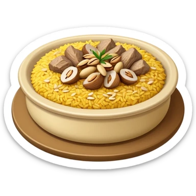 "Emoji of a Jordanian Mansaf dish — round platter with golden rice, lamb pieces, nuts on top, simple cute cartoon style, clean lines, white or transparent background." sticker