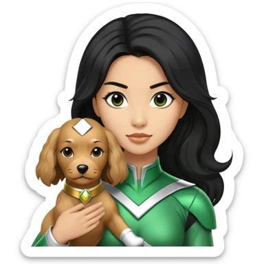 green power ranger wasian woman with long black hair and a fully light brown cockapoo dog sticker