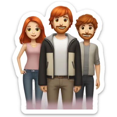 a group of three friends: a long hair redhead woman, a black-haired bowl cut man, and a brown-haired man sticker