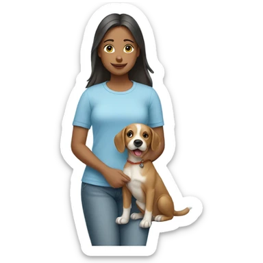a girl wear light blue clothes and with a cute dog sticker