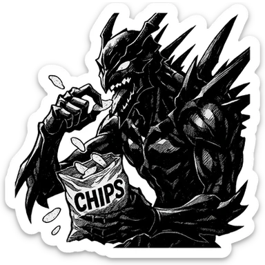 manga style Beru from Solo Leveling eating chips, detailed and dynamic sticker