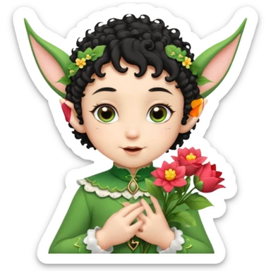 Tiny elf baby black curly hair with pointy ears, hold flowers sticker
