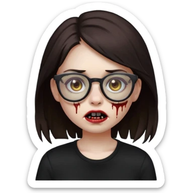 apple emoji zombie girl with dark brown emo hair and black shirt and glasses sticker