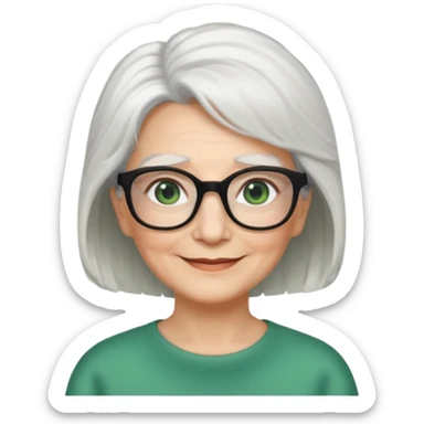 White hair grandma, green eyes, hair to shoulder, lokeg black glasses, rectangles face, smile , sticker