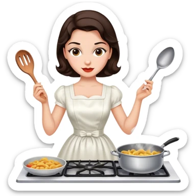 Beautiful woman in 1950’s woman fashion look, white dress, long dark brown hair, cooking sticker