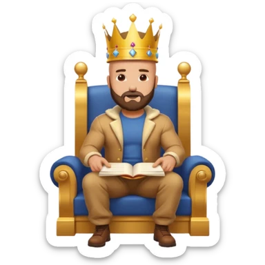 Buff bald bearded man wearing crown and cap, sitting on throne of documents, Instagram icon floating, golden glow, minimal emoji sticker