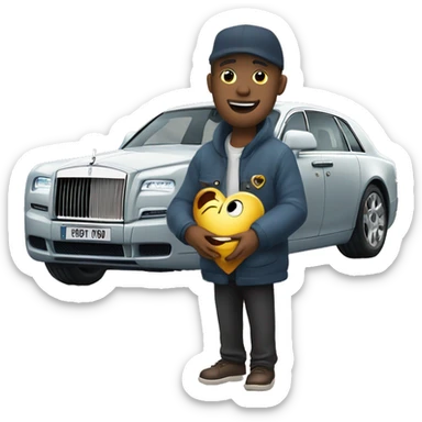 man hold frozen heart near rolls royce that has car number "miss you" sticker