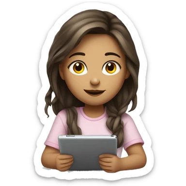 A girl with European features is sitting at a table and drawing on a tablet. sticker