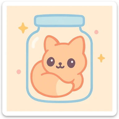 an animal curled up inside a transparent jar, cozy style, kawaii, warm colors, peaceful atmosphere sticker