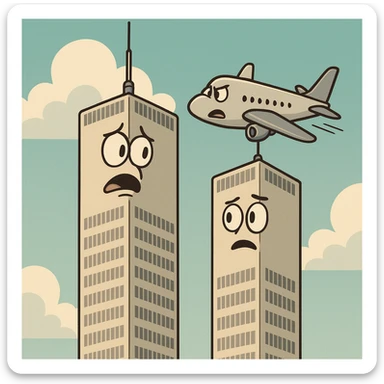 simple illustration of two tall towers side by side with an airplane flying toward the left tower sticker