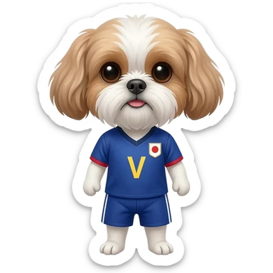 white and light brown shih zhu wearing a Japan soccer jersey v neck 2026 work cup sticker