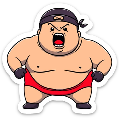 Extreme close-up of face of morbidly obese white skin guy with young face, prominent BLACK DURAG tied clearly on head, black beard but no mustache, clean shaven upper lip, black eyes in a red and black wrestling singlet with mouth wide open screaming angrily sticker
