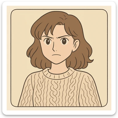 Nancy Wheeler from Stranger Things, iconic look: wavy brown hair, knitted sweater, determined expression, simple line art, light pastel tones, thick outlines, Ghibli style, square 1:1 format, inspired by the provided references. sticker