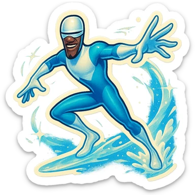 Frozone character in retro stickers style, dynamic pose, icy effects, bold outlines, vibrant colors sticker