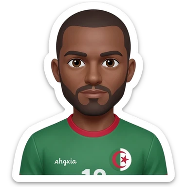 homme métisse algérien français 38 ans brun cheveux courts petite calvitie et barbe avec maillot foot Algérie sticker