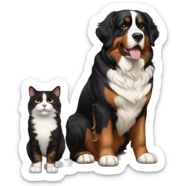 A Bernese dog next to A black and brown tortoiseshell cat with no white fur sticker