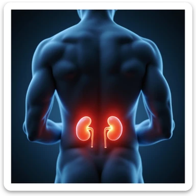 realistic man holding lower back, kidneys highlighted in red, subtle swelling or blockage shown, symbolic clinical background, cool light, anatomy focus, 4K sticker