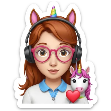 headphone wearing unicorn with dark ginger hair and heart shaped spectacles sticker